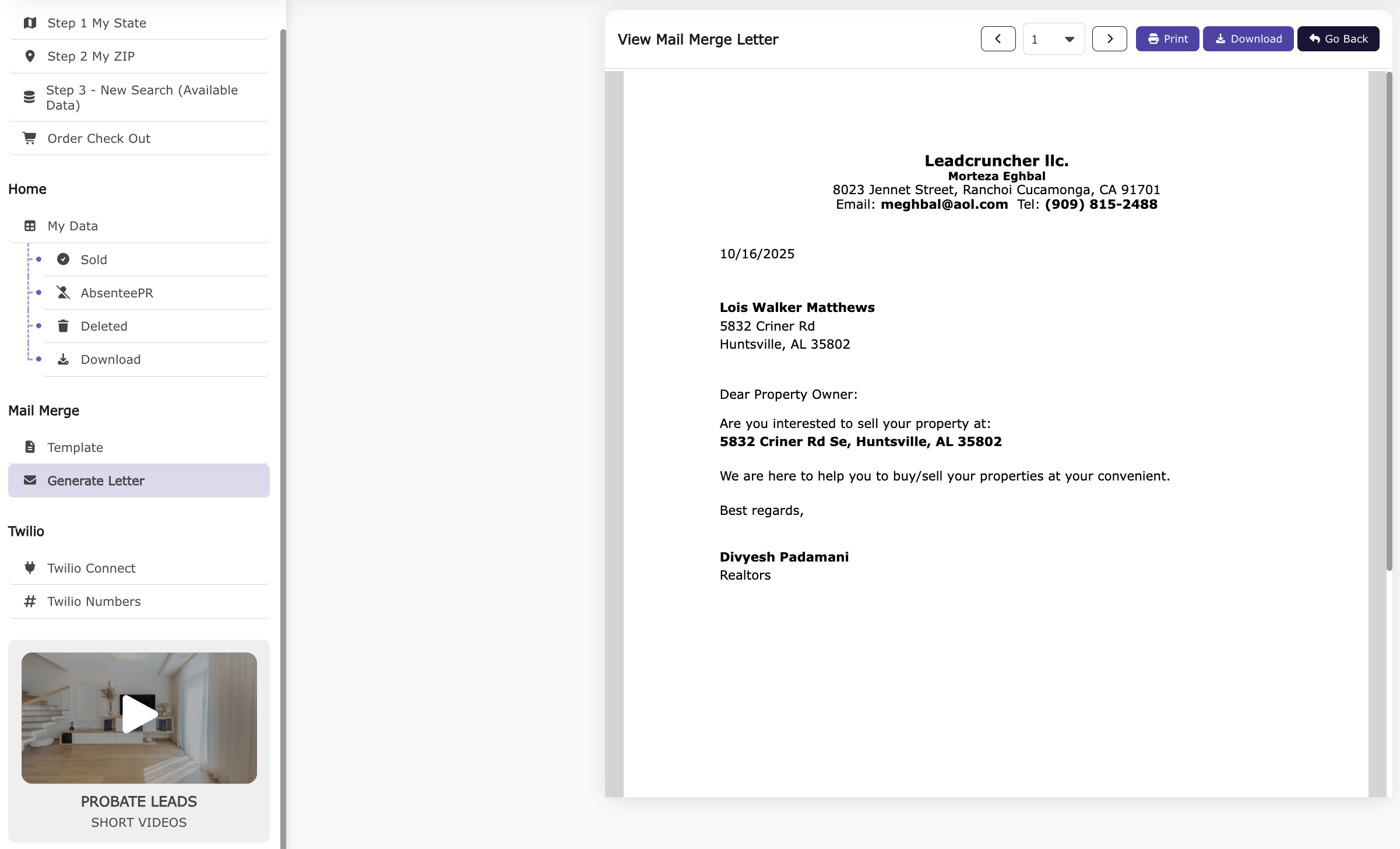 Probate Mail Merge Preview