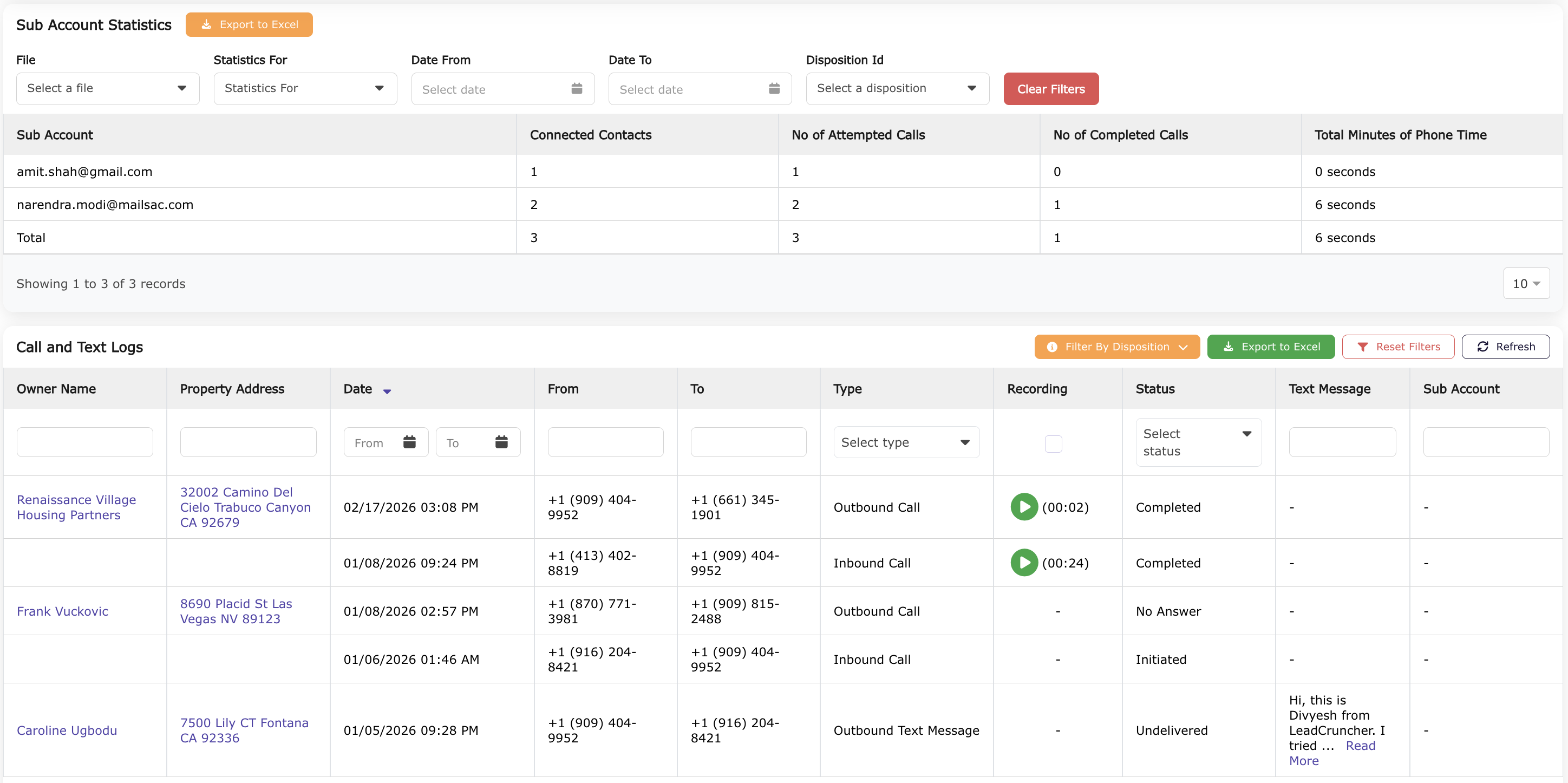 Dialer Sub Accounts Statistics Preview