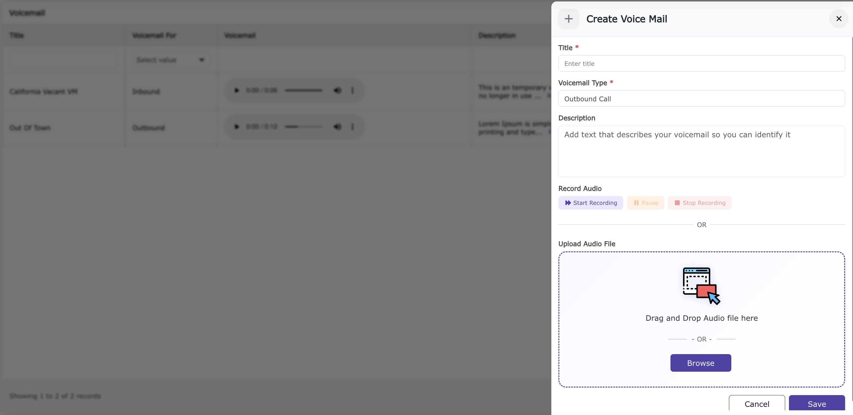 Dialer Create Voice Mail Preview