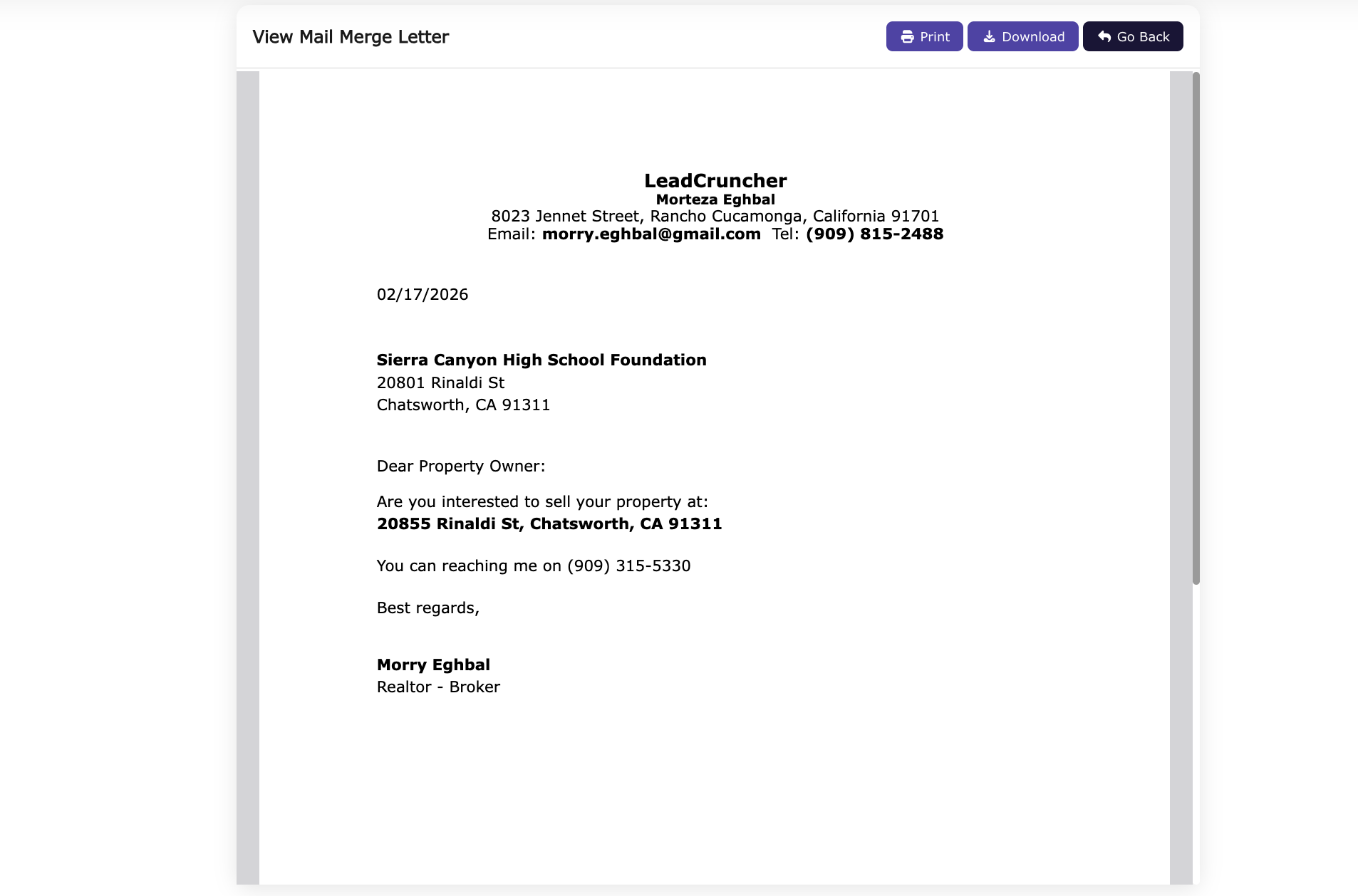Owner Verification Mail Merge Preview