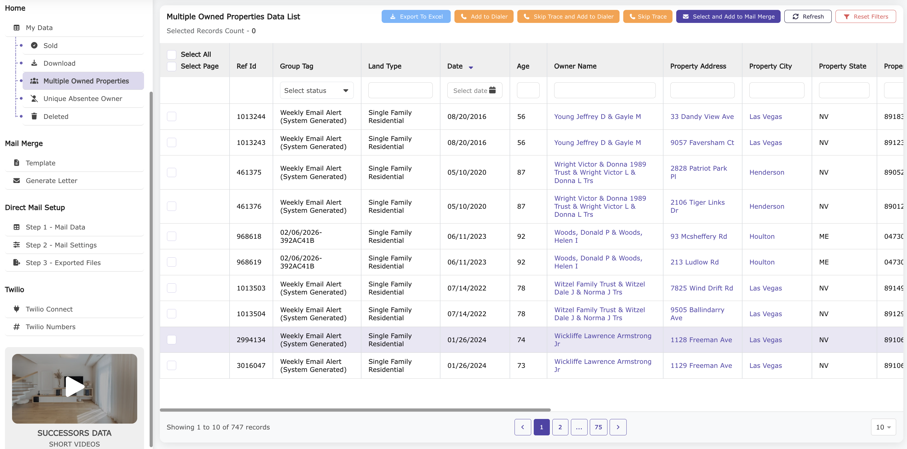 Multiple Owned Properties Data List